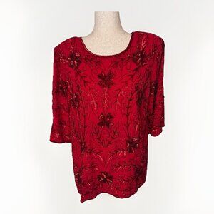 NEW Vintage Beaded Sequin Silk Red Top Size M Handmade In India Formal Holiday